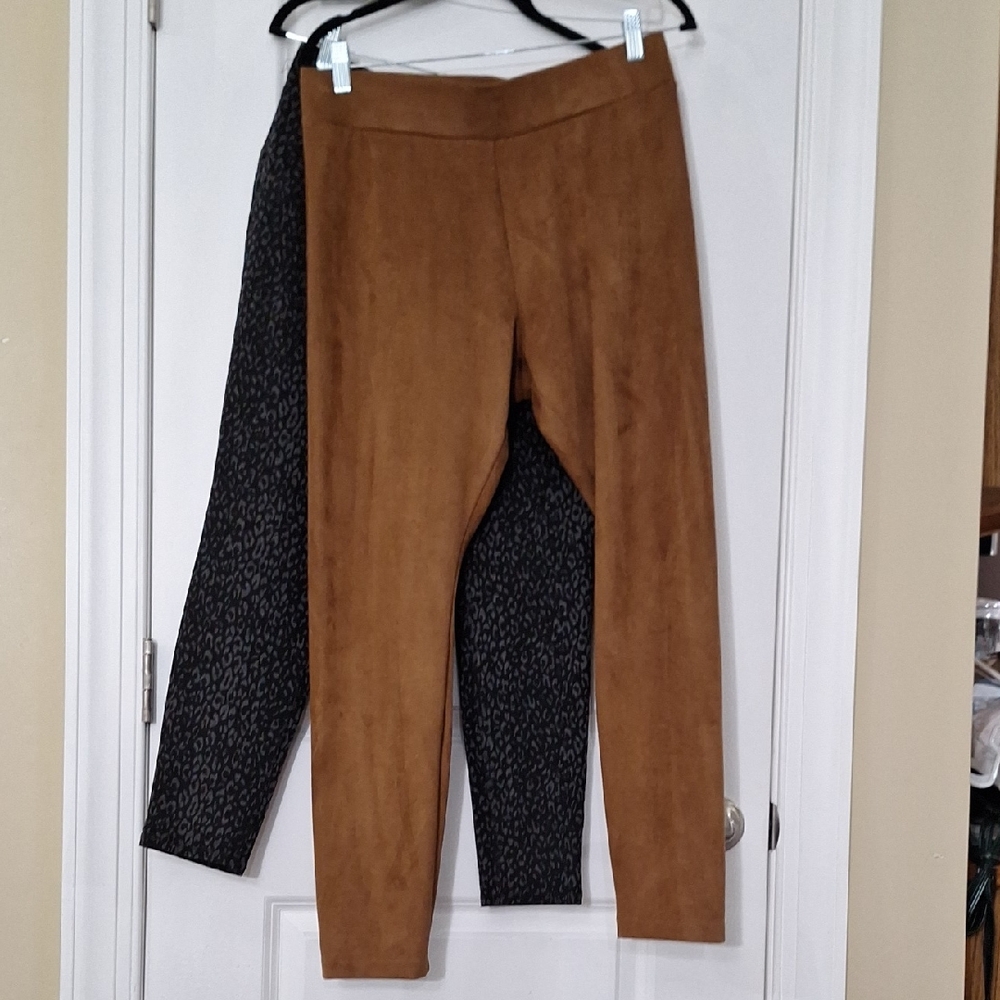 Elegant Legging Duo - Tan Faux Suede And Black Animal Print